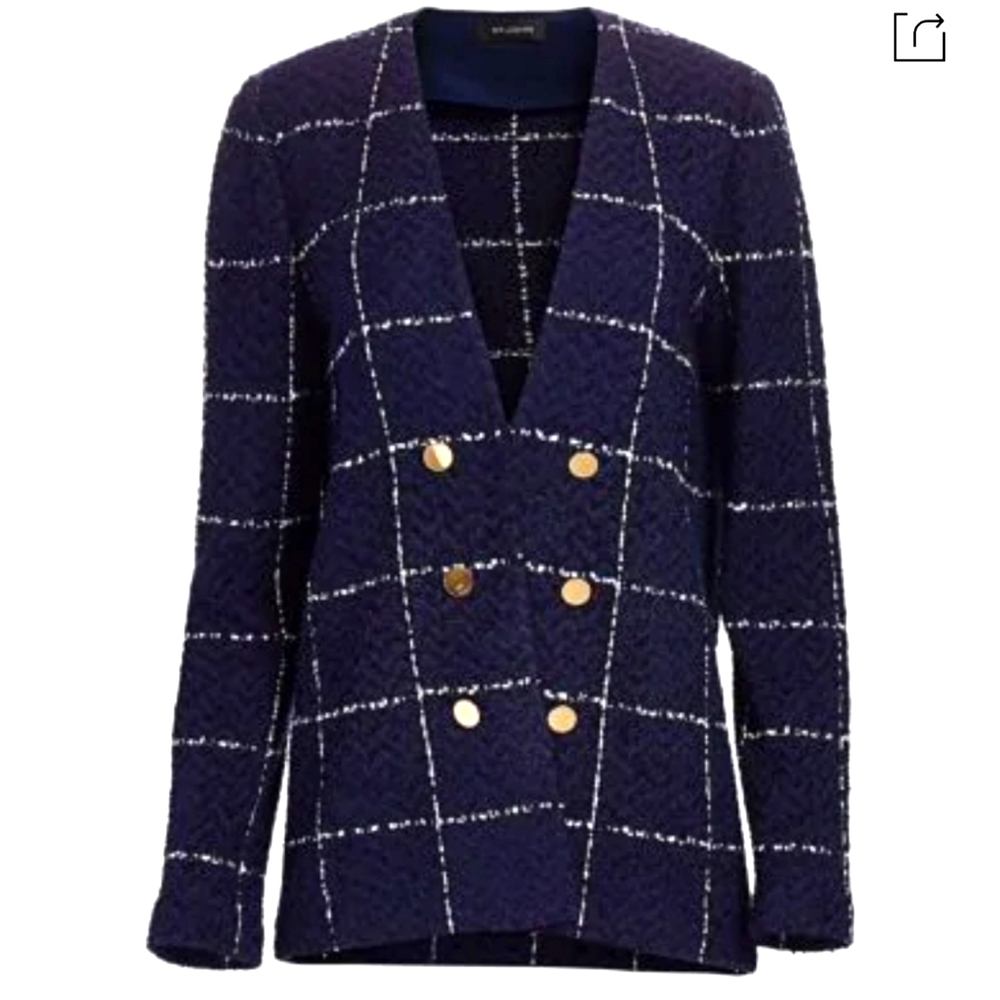 NWT St. John Sz 8 Herringbone Grid knit Double Breasted Jacket Navy/White Luxury - Picture 2 of 9
